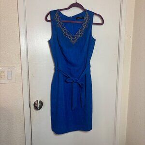 Ellen Tracy Linen Sheath Dress w/ Gold Embellished neckline - Size 8